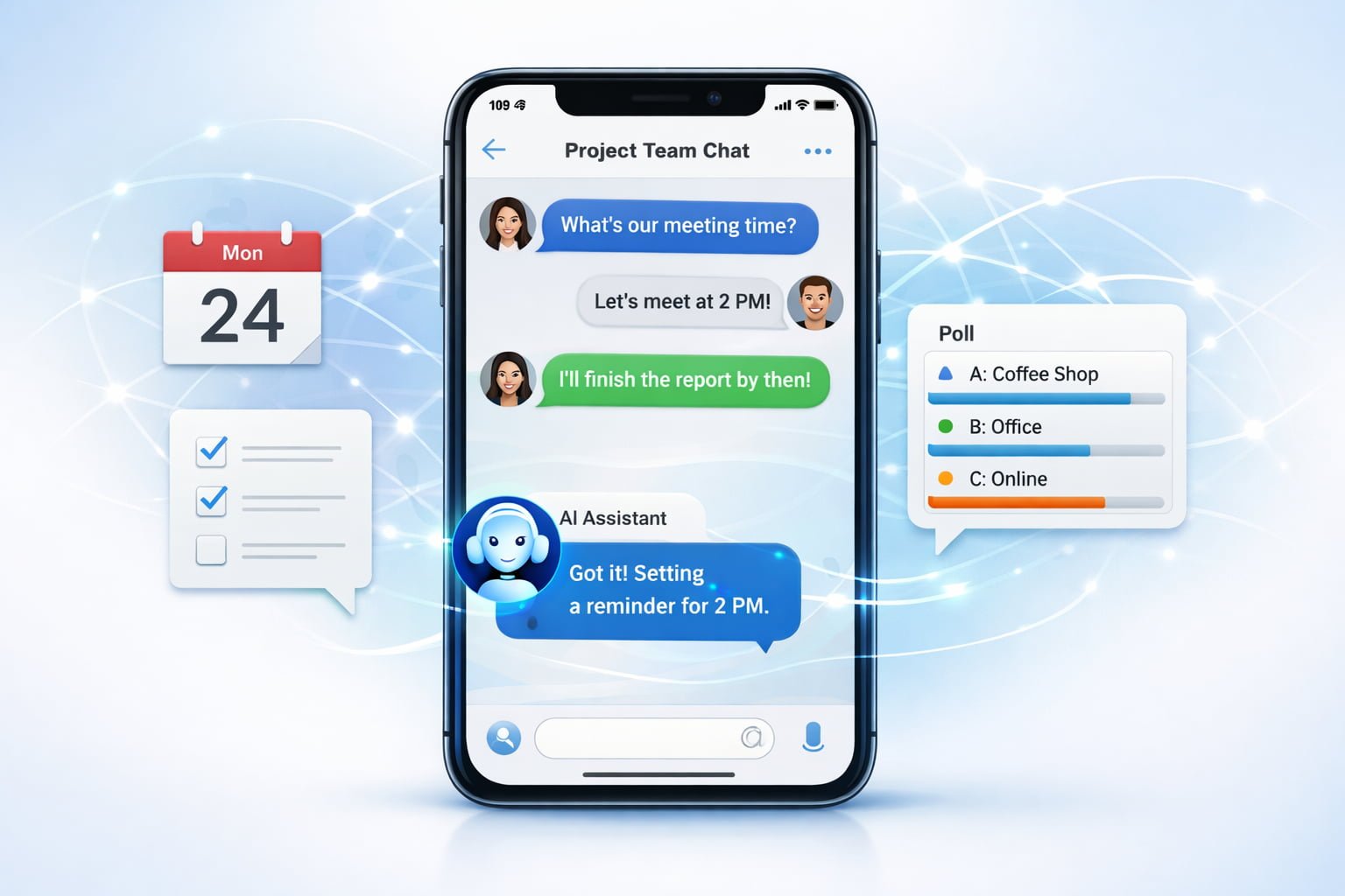 AI agent participating in a group chat conversation on a messaging app to organize plans and decisions