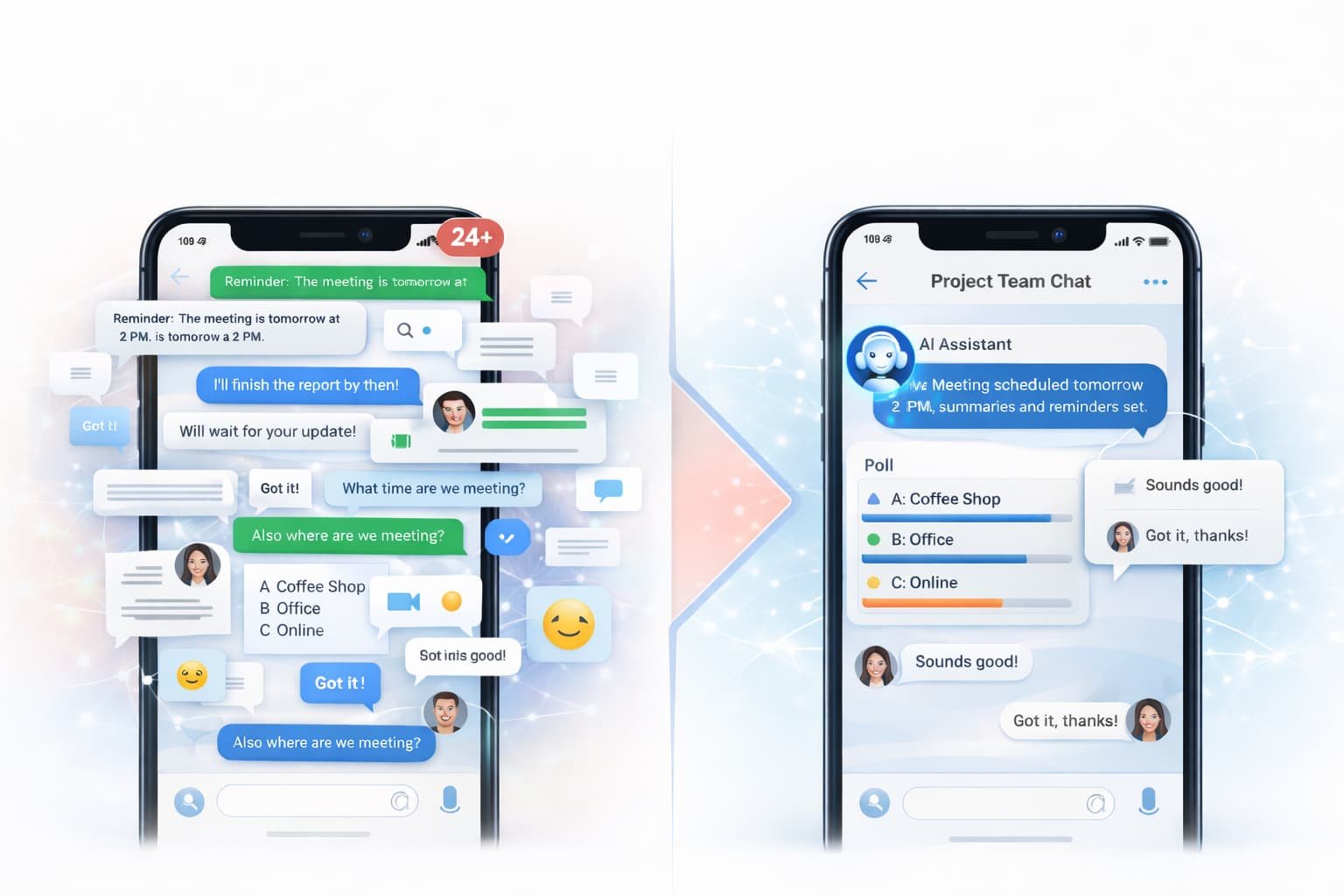 AI agent organizing a busy group chat by summarizing messages and managing decisions