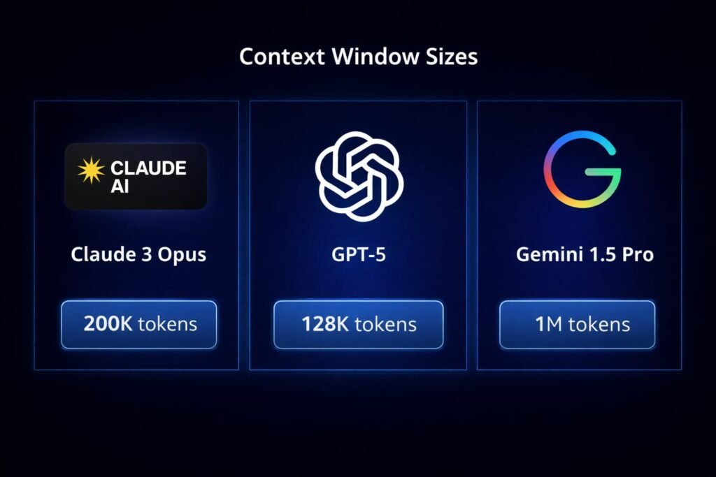 Comparison of Claude AI and other large language models by context window size