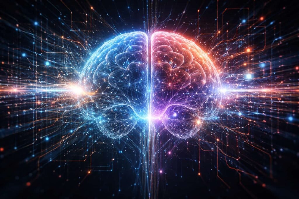 AI singularity and human brain connected to artificial intelligence systems
