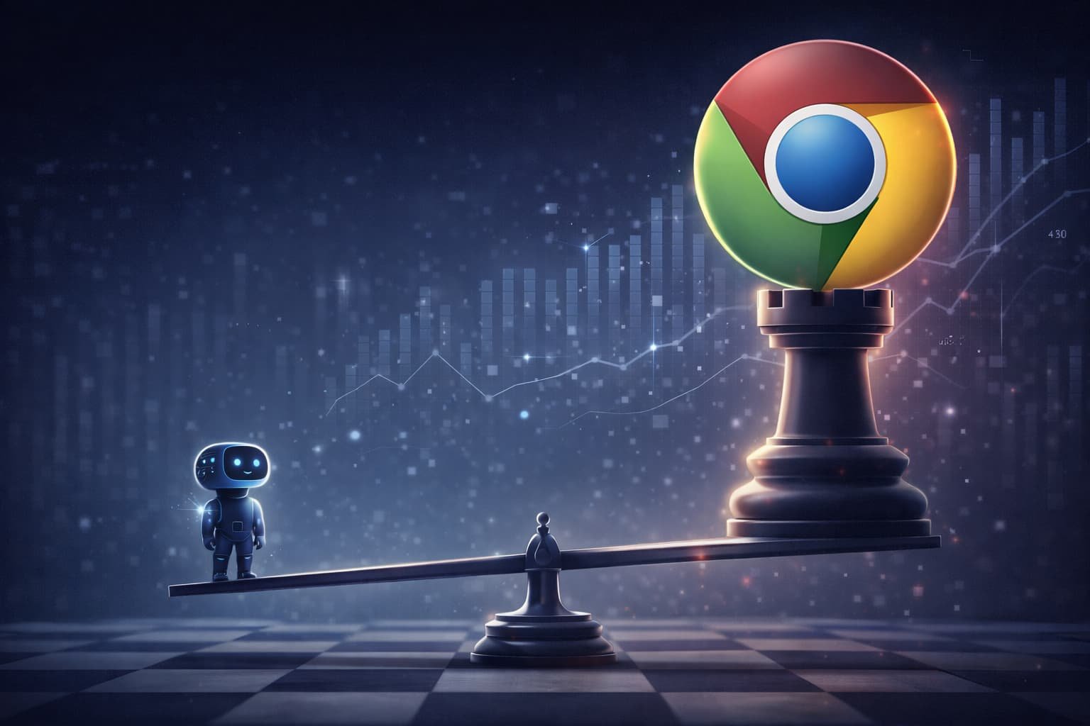 Editorial illustration showing a growing AI startup challenging a major technology company