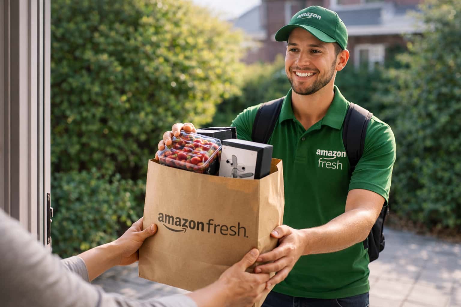 Same-day grocery and electronics delivery arriving at customer doorstep