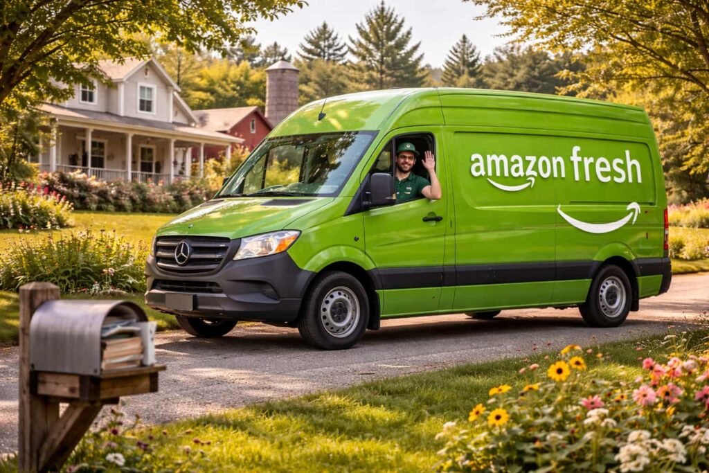 Delivery van transporting groceries in suburban or rural area
