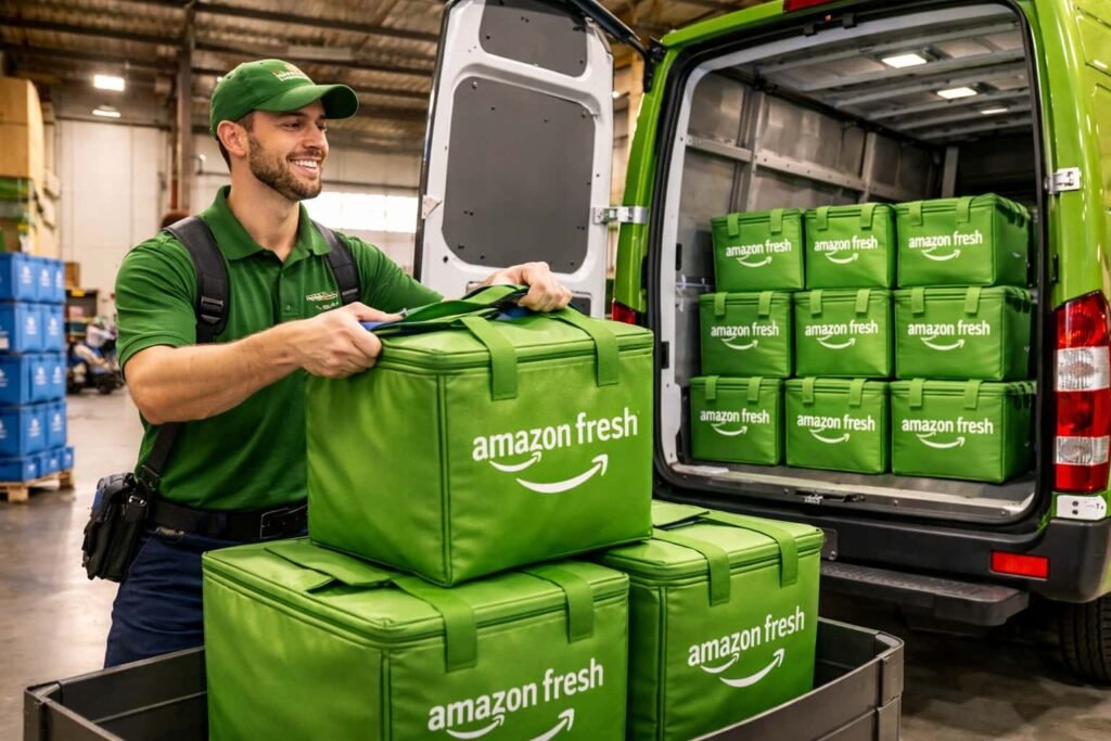 Delivery worker loading refrigerated grocery packages into vehicle