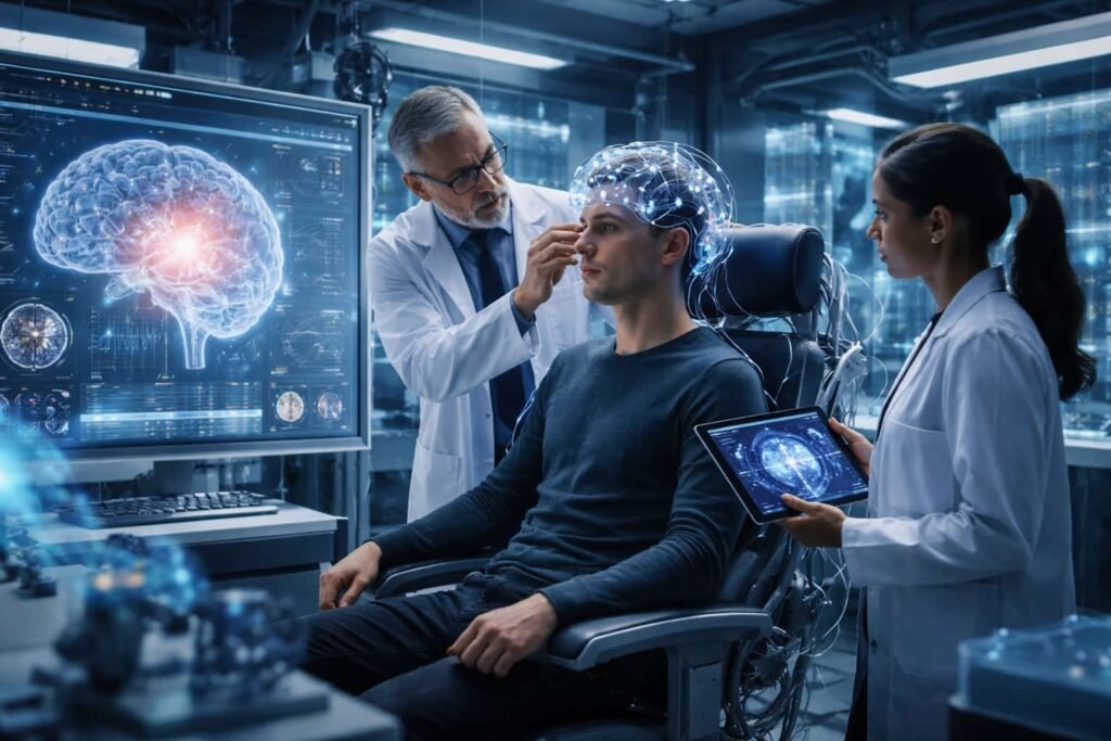 Scientists developing brain computer interface technology in research lab