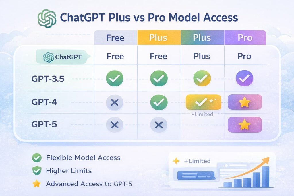 Chart showing ChatGPT Plus and Pro plans with model access differences