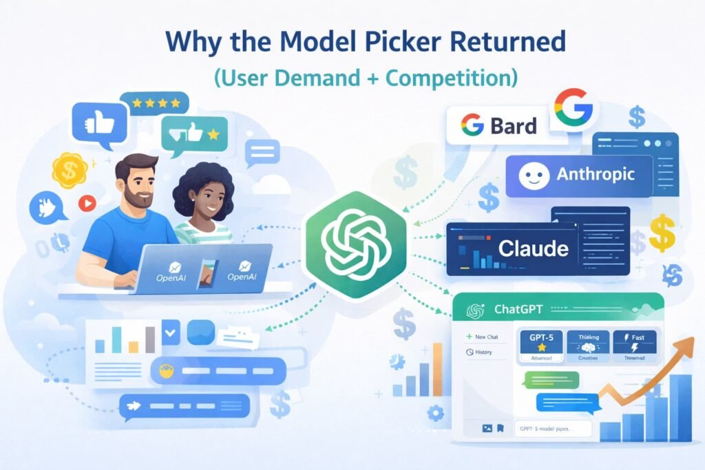 Illustration showing user feedback and competing AI platforms influencing OpenAI decisions