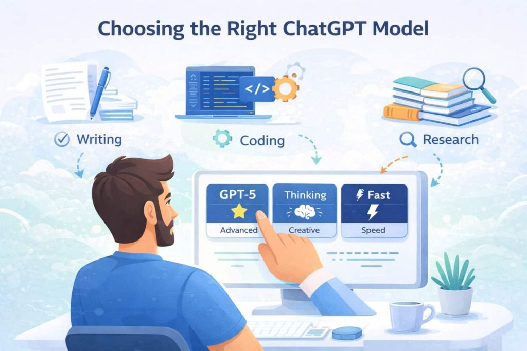 User selecting the best ChatGPT model for writing, coding, and analysis