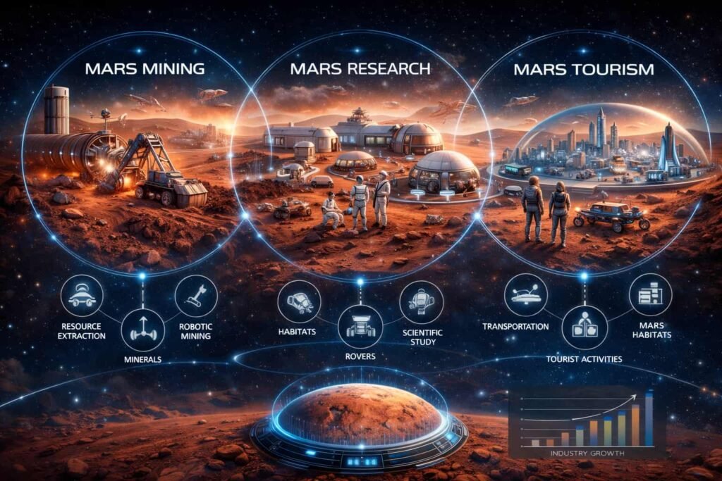Future Mars economy driven by internet, mining, research, and infrastructure