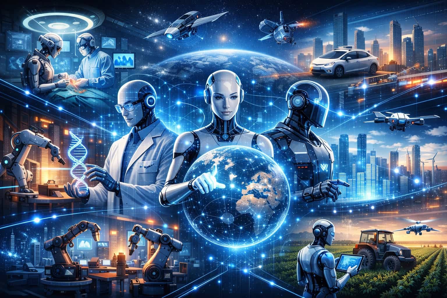 Future of agentic AI showing autonomous AI agents collaborating across industries to enable enterprise automation, ethical AI, and data-driven decision-making beyond 2025