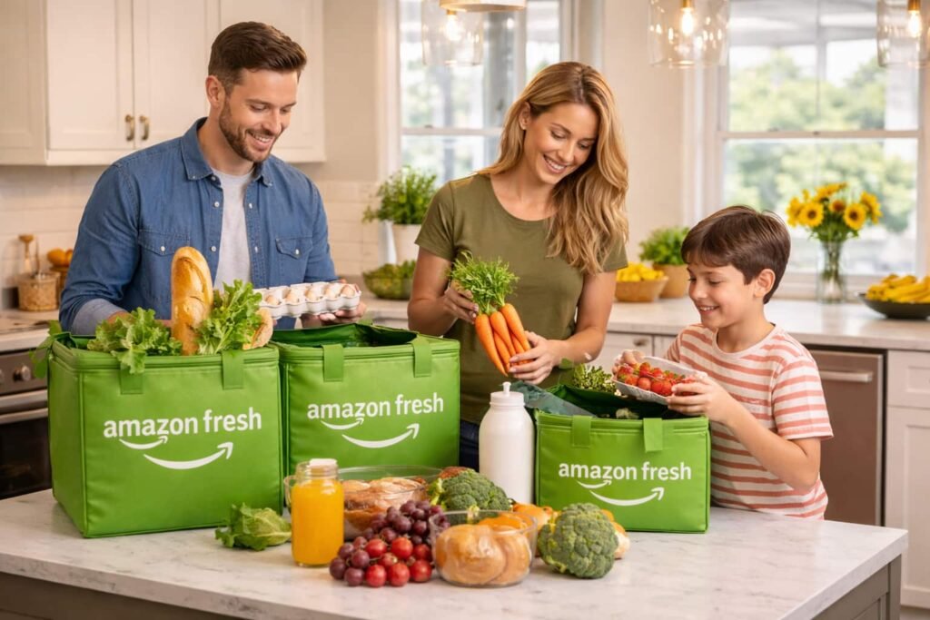 Family unpacking fresh groceries from delivery bags in kitchen after home delivery