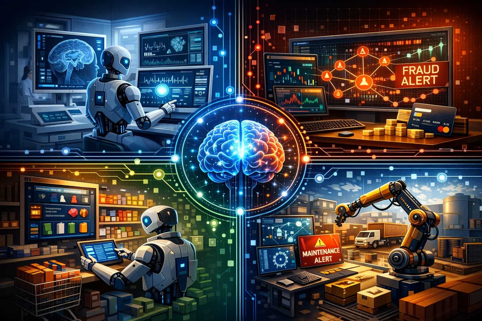Illustration showing agentic AI autonomously managing healthcare diagnostics, financial fraud detection, retail personalization, and manufacturing supply chain operations.