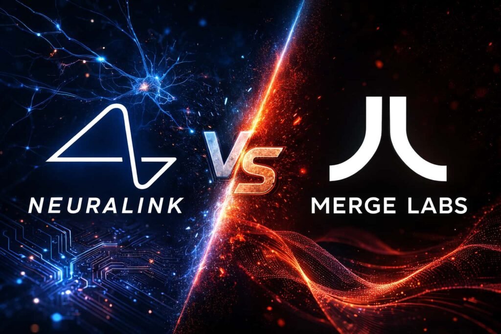 Comparison concept showing Neuralink vs Merge Labs in the brain computer interface race