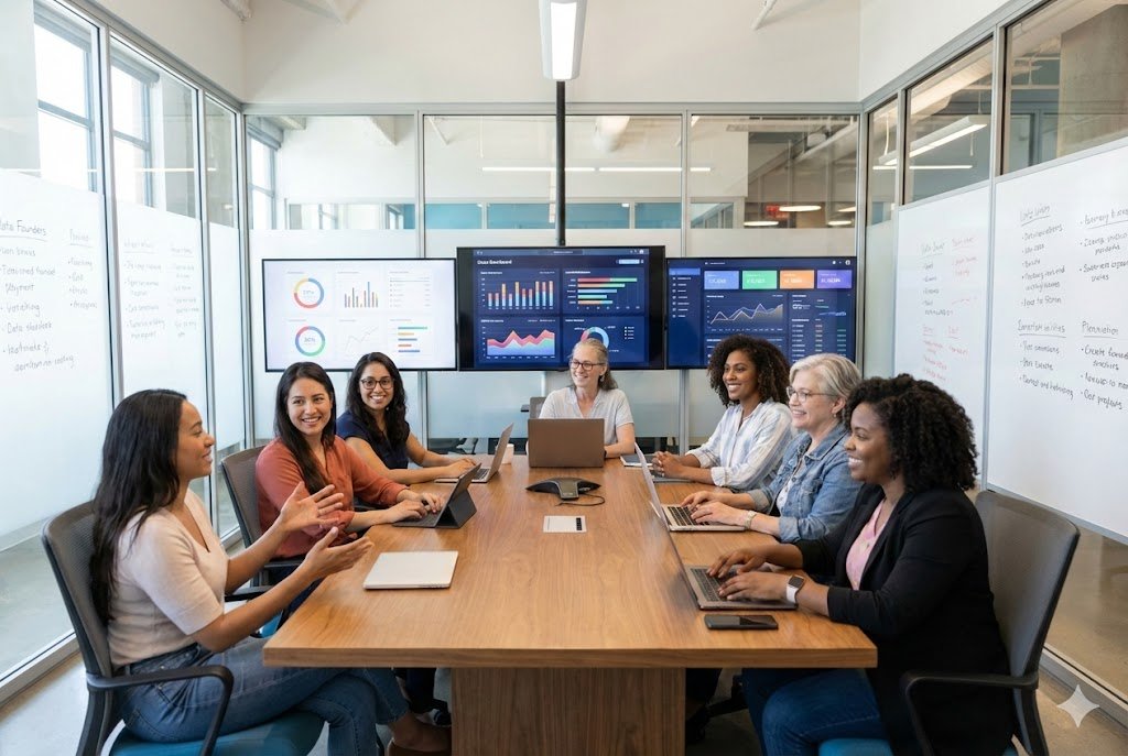 Women in venture capital founders and investors meeting in startup office