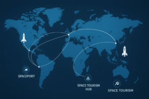 A global map highlighting spaceports and orbital flight routes across continents.