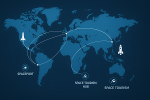 A global map highlighting spaceports and orbital flight routes across continents.