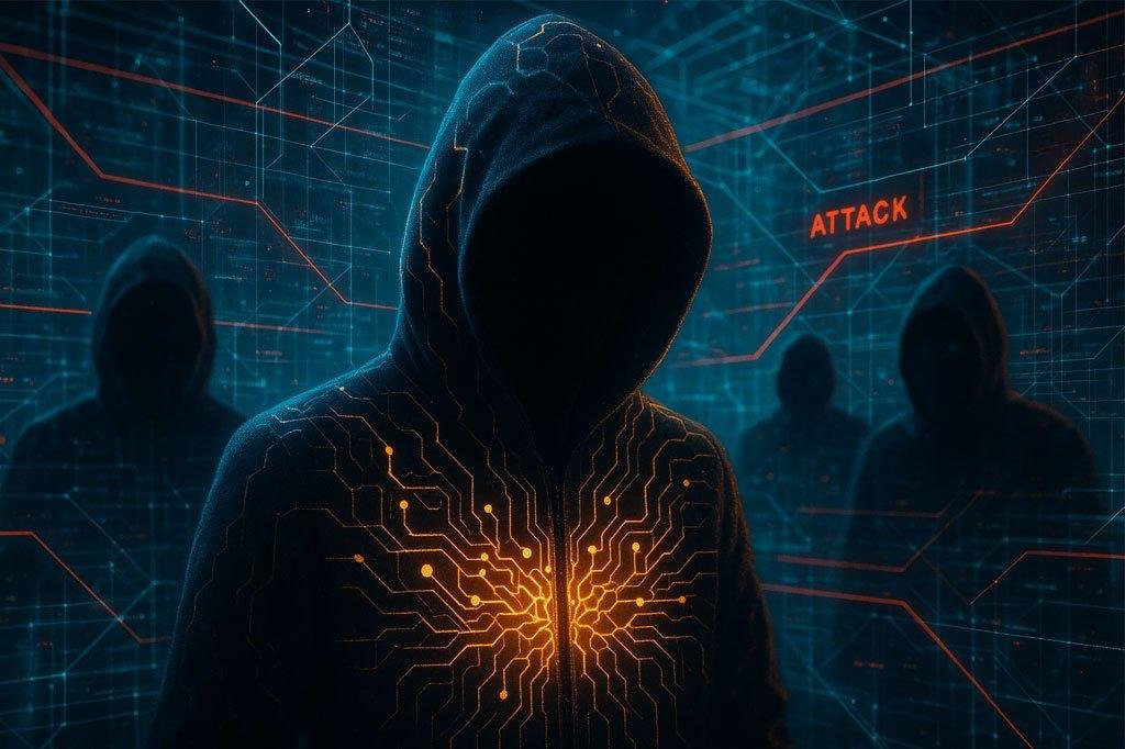 AI-driven cyberattack illustration with network and hacker overlays.