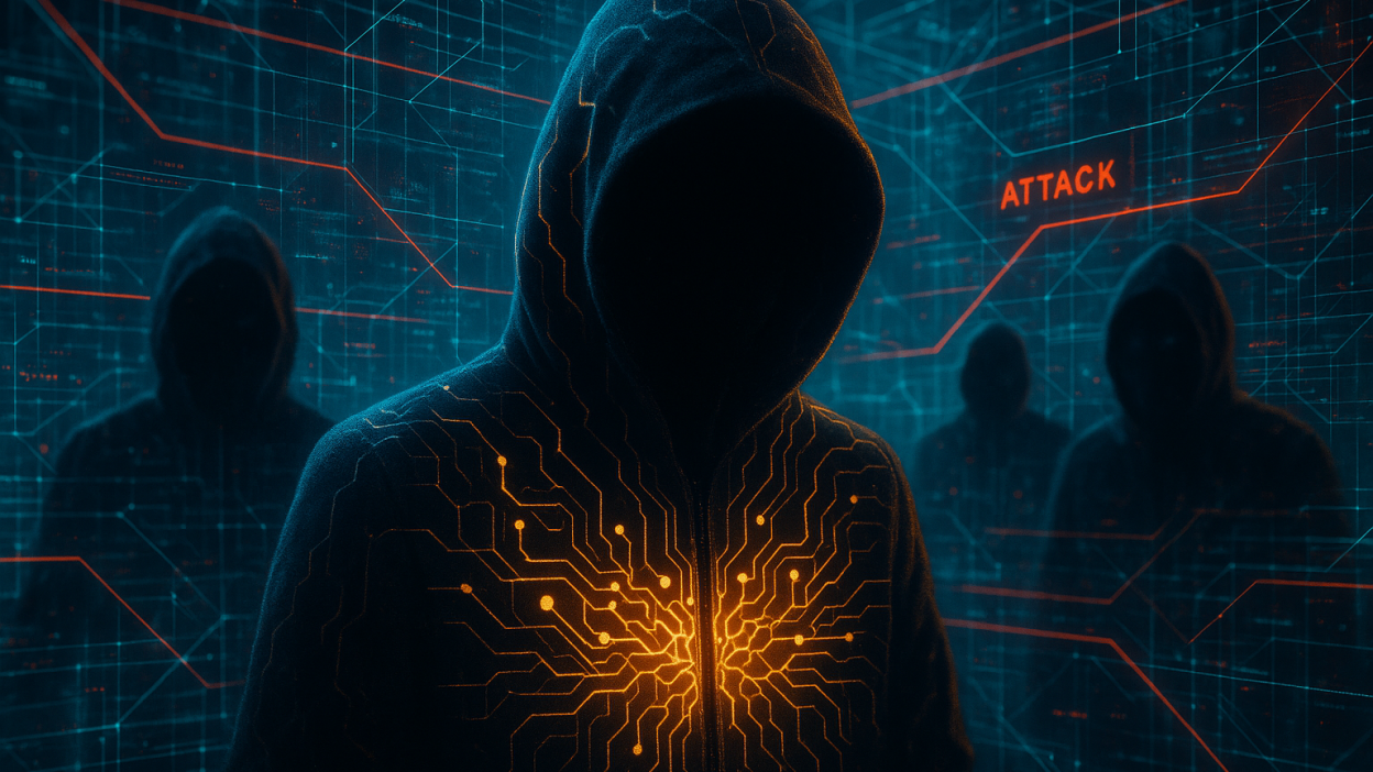 AI-driven cyberattack illustration with network and hacker overlays.