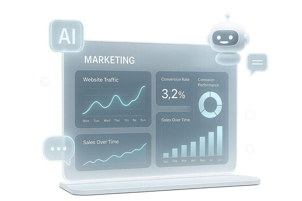 Futuristic AI-powered marketing dashboard with predictive analytics and conversational AI icons.