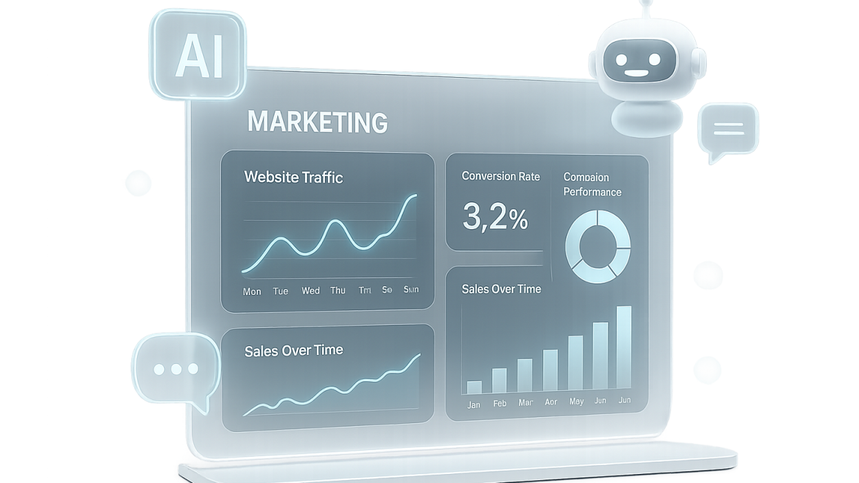 Futuristic AI-powered marketing dashboard with predictive analytics and conversational AI icons.