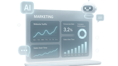 Futuristic AI-powered marketing dashboard with predictive analytics and conversational AI icons.