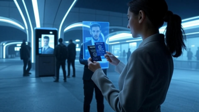 Futuristic AI border checkpoint scanning passports with biometric verification.