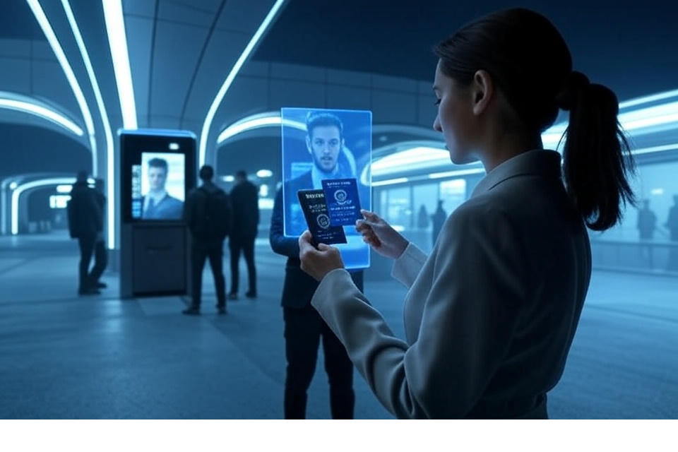 Futuristic AI border checkpoint scanning passports with biometric verification.