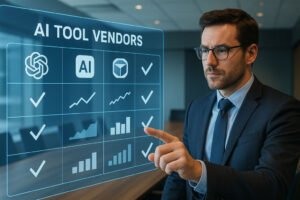 Business leader evaluating AI tools with digital dashboard.