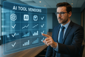Business leader evaluating AI tools with digital dashboard.