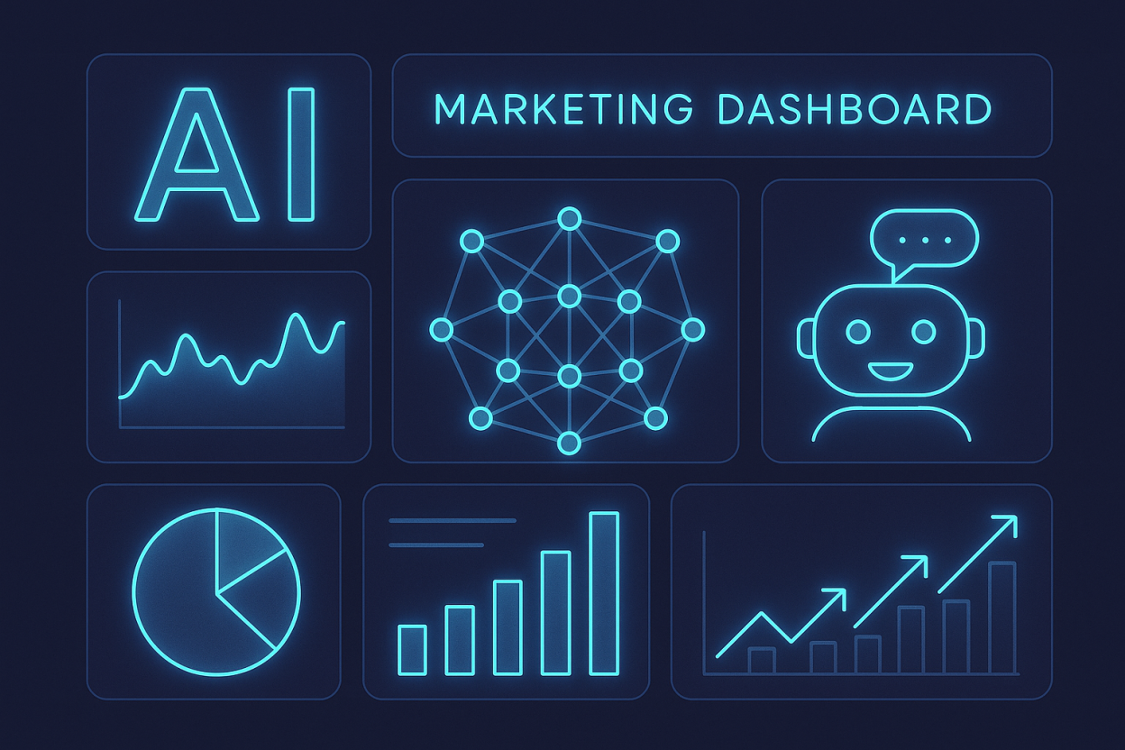 Futuristic AI tools dashboard for marketing strategy.