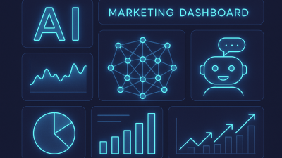 Futuristic AI tools dashboard for marketing strategy.