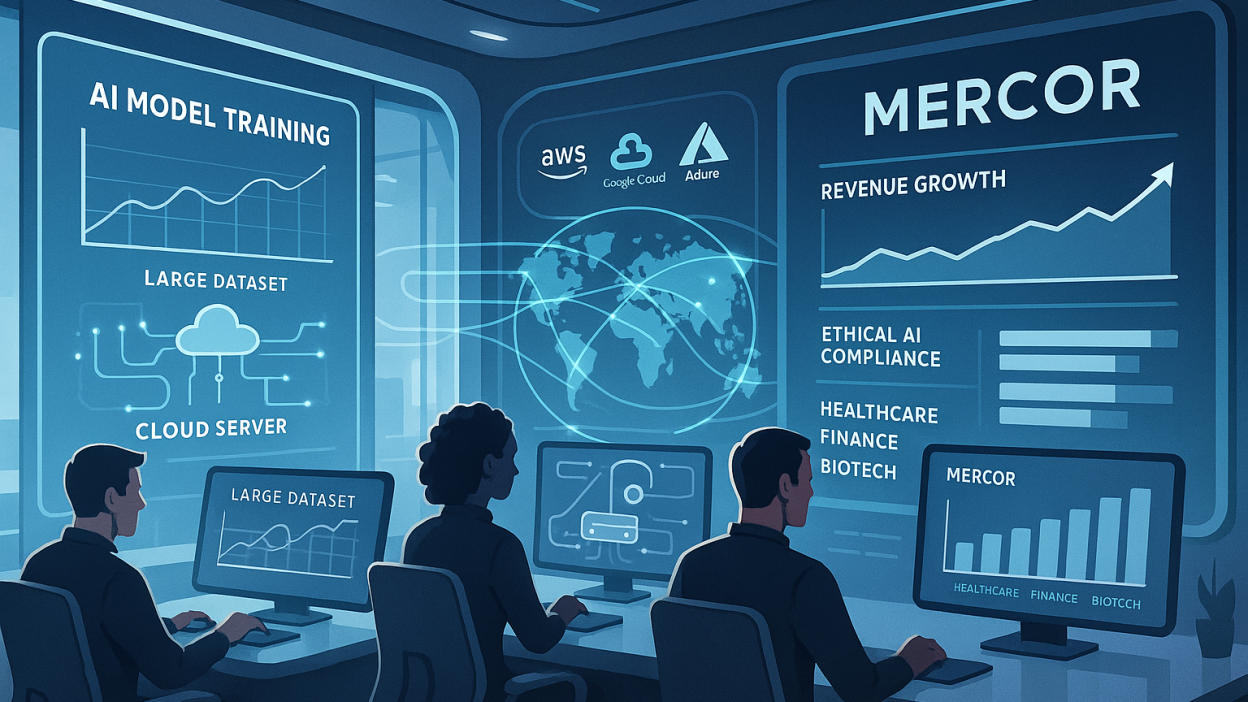 AI engineers working in a modern lab environment with dashboards showing Mercor’s $450 million run rate and $10 billion valuation goal, alongside data compliance tools and global expansion visuals.
