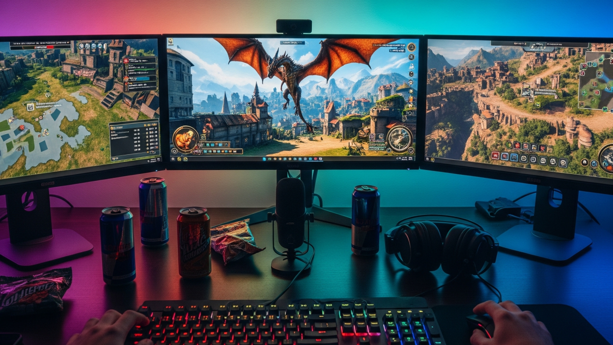 AI-generated game worlds created by developers in a high-tech gaming studio.
