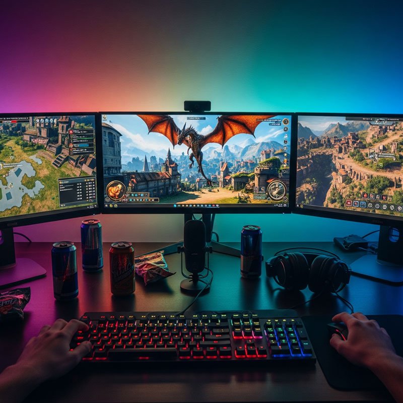 AI-generated game worlds created by developers in a high-tech gaming studio.