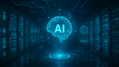 High-tech AI data center with servers and network overlays