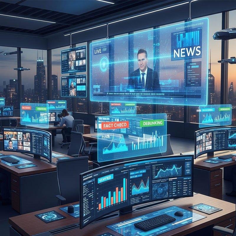 AI misinformation detection tools analyzing news in a high-tech newsroom.
