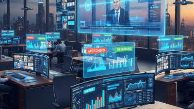 AI misinformation detection tools analyzing news in a high-tech newsroom.