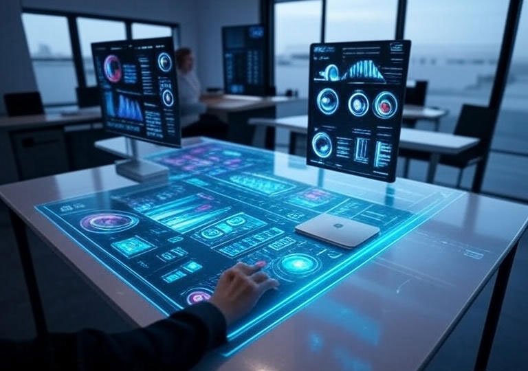 AI-powered Apple devices in futuristic workspace.