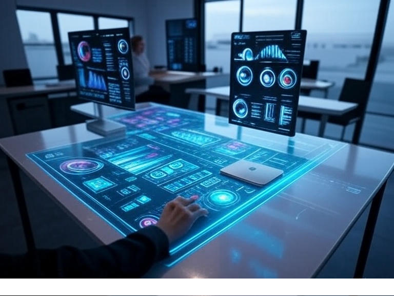 AI-powered Apple devices in futuristic workspace.
