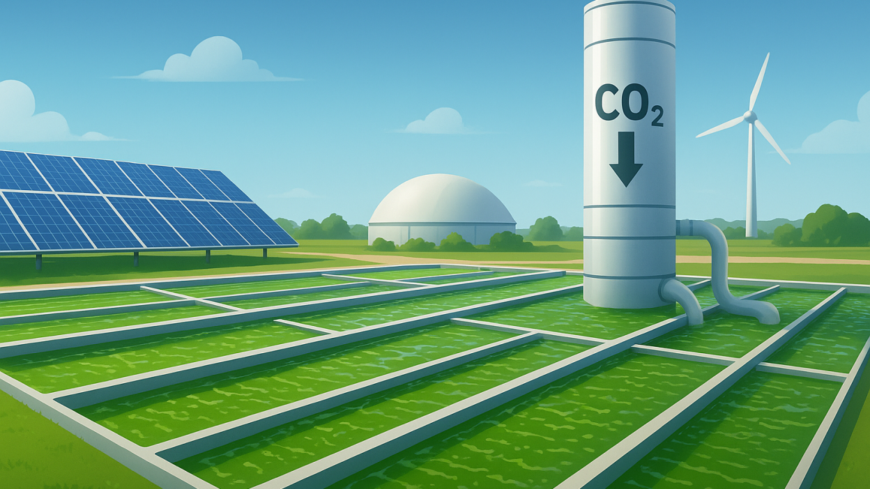 Algae-based biofuel farm capturing emissions