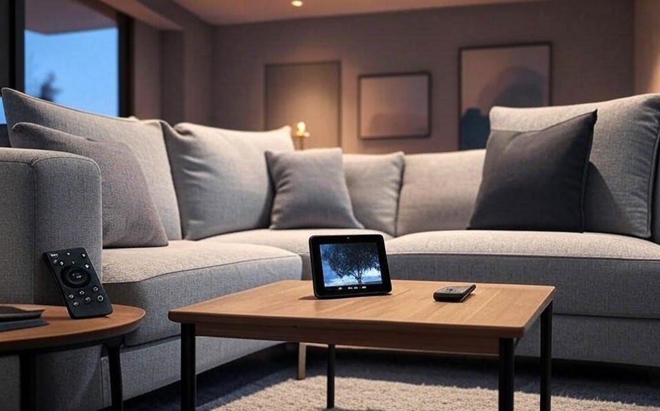 Modern living room featuring Amazon Echo Show 8 on coffee table, Kindle Paperwhite on couch, Fire TV remote, and Ring doorbell visible, showcasing integrated smart home setup