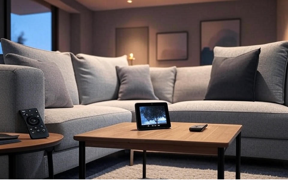 Modern living room featuring Amazon Echo Show 8 on coffee table, Kindle Paperwhite on couch, Fire TV remote, and Ring doorbell visible, showcasing integrated smart home setup