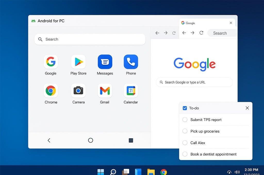 Android for PC in action, showing multitasking capabilities.