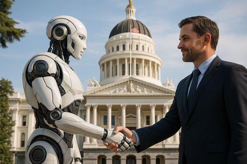Human and AI shaking hands in front of California State Capitol, representing support for AI safety legislation SB 53.