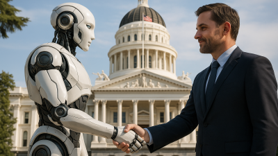 Human and AI shaking hands in front of California State Capitol, representing support for AI safety legislation SB 53.