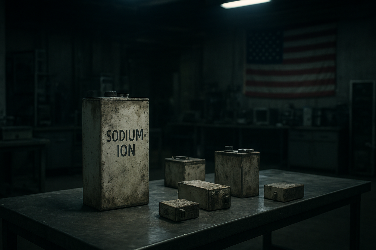 Abandoned US battery lab with sodium-ion prototypes.