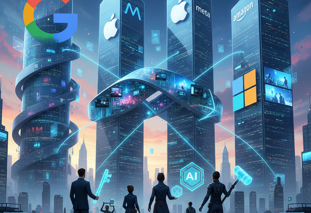 Illustration showing regulators exploring new digital tools to control Big Tech