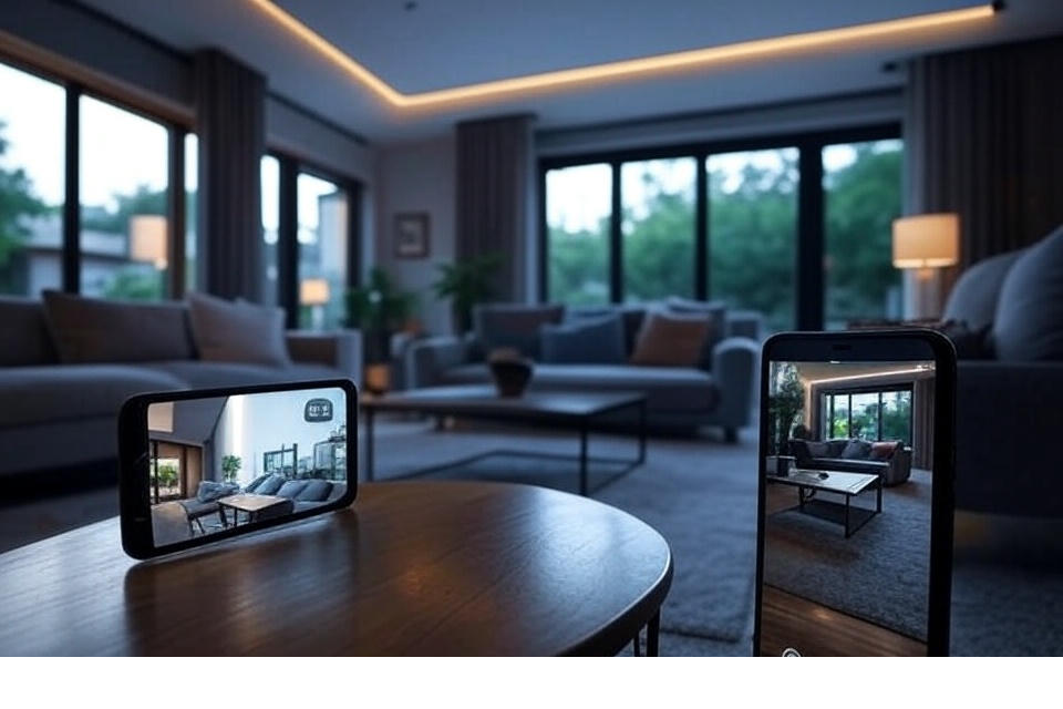 Editorial-style image showing a smart home with Blink cameras and a smartphone displaying the restored live feed.