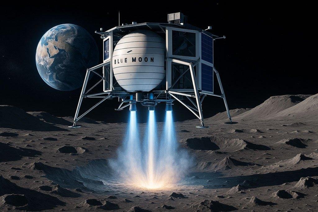 Blue Origin’s Blue Moon lander approaches the lunar south pole.