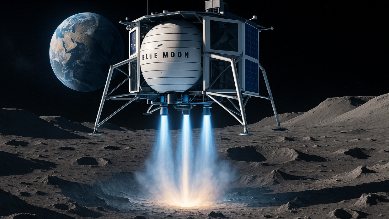 Blue Origin’s Blue Moon lander approaches the lunar south pole.